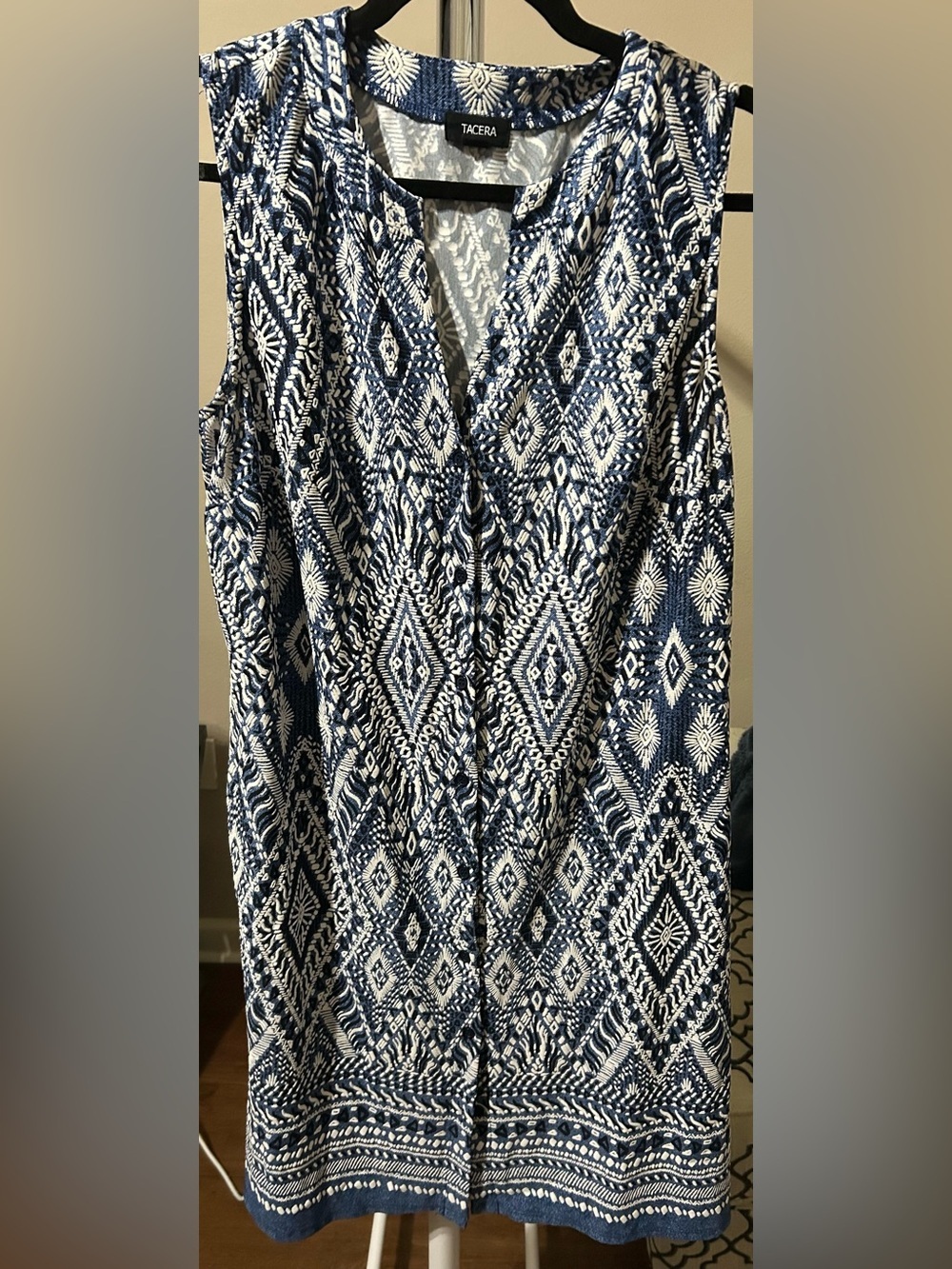 Tacera Womens L Blue White Geometric Boho Sleeveless Button Front Dress
